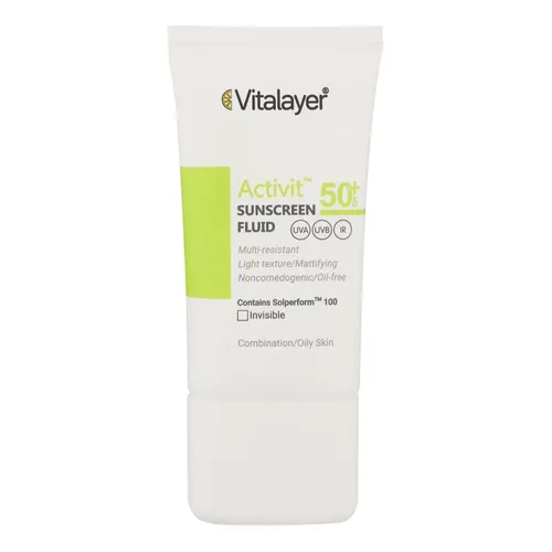فلوئید ضدآفتاب بی‌رنگ ویتالیر SPF50 مدل Activit مناسب پوست‌های مختلط و چرب حجم 50 میلی‌لیتر